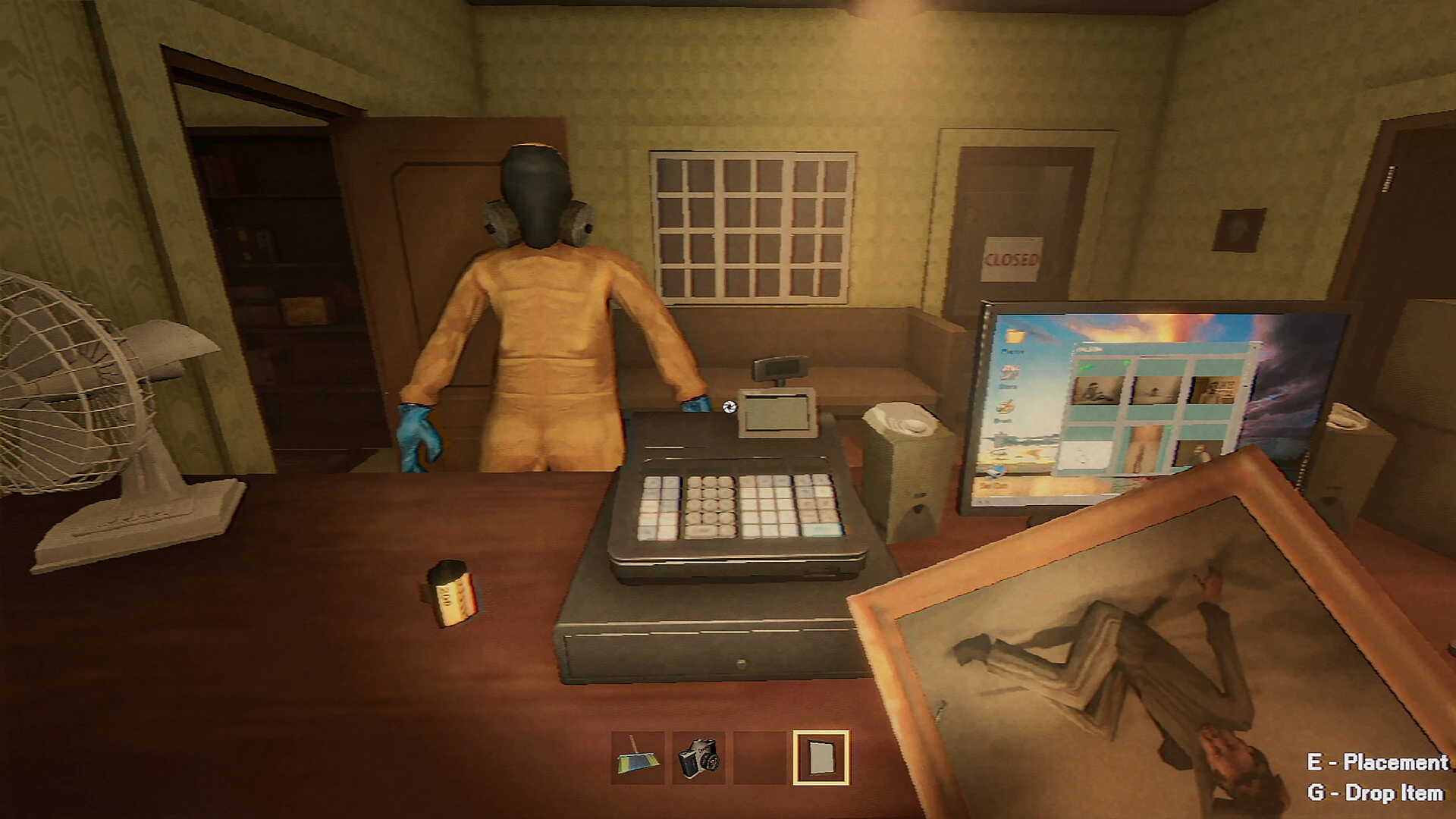 The shop counter: a customer in a gas mask and bodysuit waits while you hold a framed print